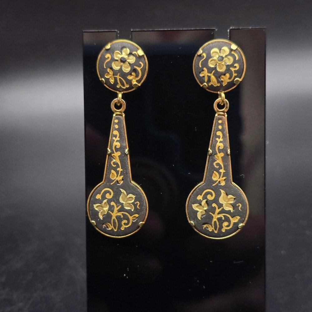 Damascene Floral Earrings Gold Tone Black Enamel Pierced Post Vintage